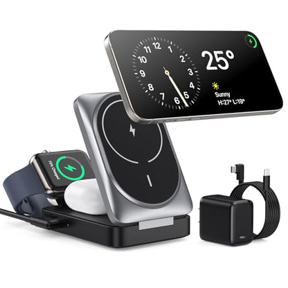 3 in 1 Wireless Charger Station for iPhone, 2026 Upgraded Travel Foldable Magnetic 15W Fast Wireless Charging Stand for Mag-Safe with 30W USB C Adapter for iPhone 17/16/15/14/13/12,Apple Watch,AirPods