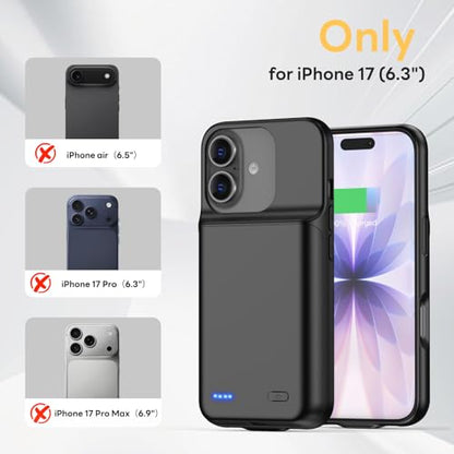 Battery Case for iPhone 17(6.3 inch), 2026 Upgraded 7000mAh Ultra-Slim Charging Case Poratble Rechargeable Extended Charger Case Battery Pack with Tempered Glass Screen Protector Black