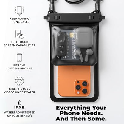 SEAWAG Waterproof Phone Pouch with Pocket for Keys, IPX8 Dry Bag up to 7.5in Plus Underwater Case for iPhone & Samsung, Full Touchscreen, Lanyard, Beach Travel Swimming Black