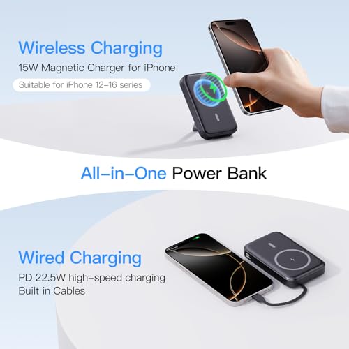 16800mAh Magnetic Power Bank with Built-in Cables for iPhone Series | MagSafe Portable Charger LED Display Wireless Charger Travel Essential Battery Pack for iPhone 17/16/15/14/13/12 Andriod