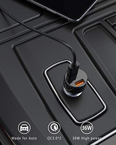Car Charger, Mini 36W Dual USB QC 3.0 Ports Fast Car Charger Adapter Compatible with Samsung Note 9/Galaxy S10/S9/S8, Black