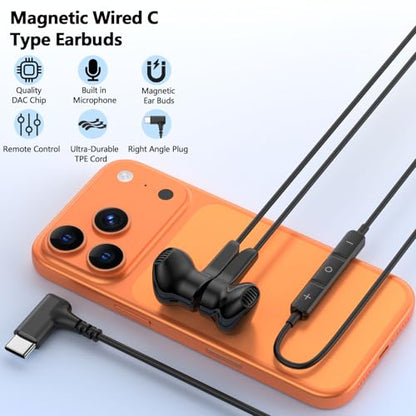 90° Angled USB C Headphones for iPhone Duo 18 17 16 15 Pro Max Wired Earbud - color: Black