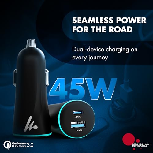 PD 45W superfast Wozoyo Charging 2.0 Car Charger with Type C & USB A,Power Delivery, PPS & QC 3.0, Dual Port (45W + 18W), 12V–24V Compatible, Multi-Layer Protection, 2-Years Manufacturer Warranty