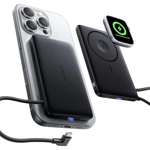 LISEN 0.5'' Ultra Slim MagSafe Power Bank for iPhone and Apple Watch,10000mAh MagSafe Battery Pack,Alloy Magnetic Portable Charger for iPhone 16 Pro Max Plus/15, Apple Watch S11 /S10 S9 SE，Black - color: Dark Black