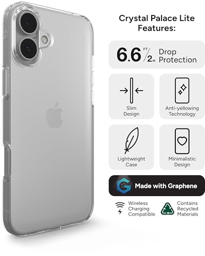 ZAGG Crystal Palace Lite Case for iPhone 16 Plus - Ultra-Slim, Ultimate Drop Protection with Graphene Reinforcement, Anti-Yellowing Technology, Wireless Charging Compatible, Recycled Materials, Clear - size: iPhone 16 Plus, style: Without Magsafe