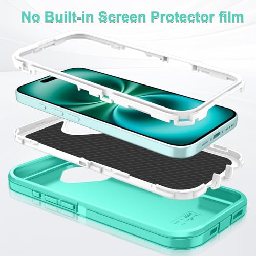 for iPhone 16 Case Heavy Duty Protective Shockproof Dropproof 3-Layer Full Body Protection [Without Screen Protector] Tough Rugged Cover for Apple iPhone 16 6.1 inch 2024,Teal/White - color: Teal/White