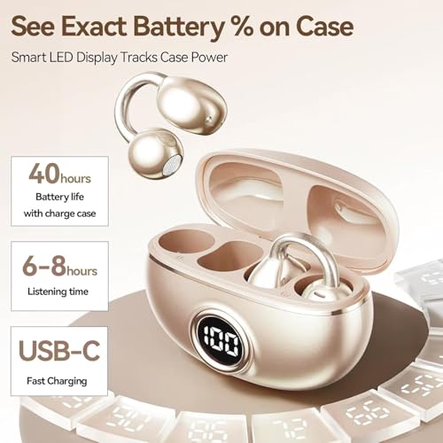 Clip on Earbuds for Small Ears & Glasses, Open Ear Bluetooth 5.4 Headphones with 40H Playtime & Digital Display, Sweatproof - color: Beige