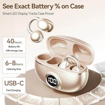 Clip on Earbuds for Small Ears & Glasses, Open Ear Bluetooth 5.4 Headphones with 40H Playtime & Digital Display, Sweatproof - color: Beige