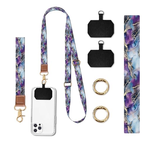 Phone Lanyard Crossbody Wrist Strap, Universal Adjustable Neck Strap for Phone Case Keys ID Badges, Travel Essential - color: Luxury Purple Marble