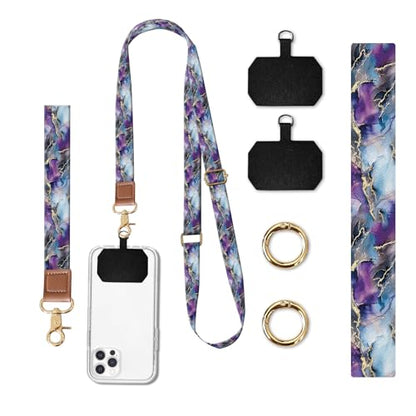 Phone Lanyard Crossbody Wrist Strap, Universal Adjustable Neck Strap for Phone Case Keys ID Badges, Travel Essential - color: Luxury Purple Marble