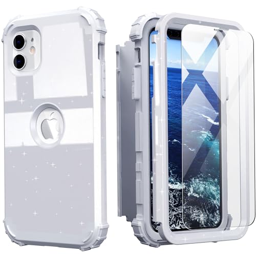 IDweel for iPhone 11 Case with Screen Protector(Tempered Glass), Hybrid 3 in 1 Shockproof Slim Fit Heavy Duty Protection Hard PC Cover Soft Silicone Bumper Full Body Case,Glitter Grey - color: Glitter Grey