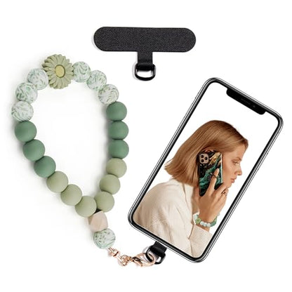 Silicone Beaded Phone Wrist Strap for Women, Elastic Wristlet - color: Green Daisy