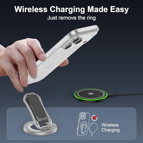 Magnetic Phone Ring for Magsafe iPhone 17 Ring Grip Stand with Soft Strap - color: Sliver+Grey