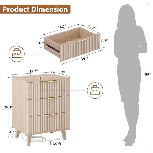 Wood Nightstands Set of 2 w/Charging Station, 3 Drawers Fluted Dresser - color: Natural Oak, size: 3 Drawers-Set of 2 Nightstand