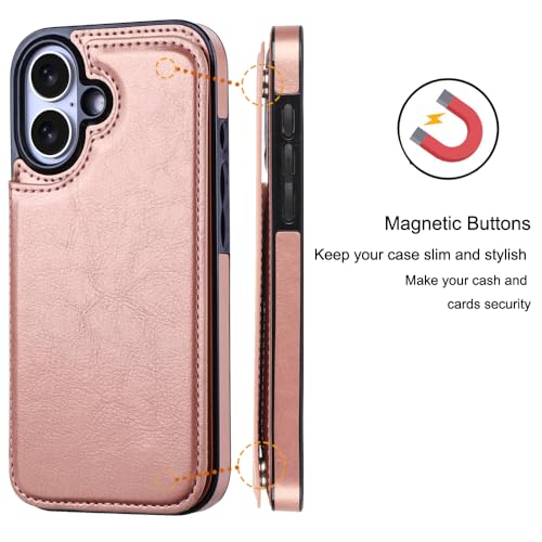 Wallet Case Compatible with iPhone 16 Plus 6.7”, Slim Protective Case with Card Holder,Premium PU Leather Kickstand Card Slots Case with Double Magnetic Clasp-Rosegold - color: Rosegold, size: iphone 16 Plus 6.7"