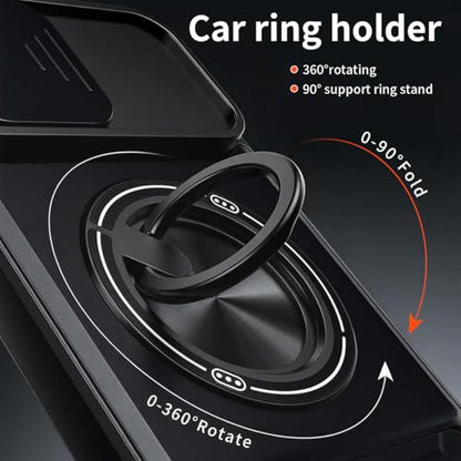 Dssairo for iPhone 15 case with 360°Rotation Magnetic Ring Compatible with MagSafe Slide Camera Cover Foldable Stand Military-Grade Shockproof Protective case (Black, iPhone 15) - color: Black, size: iPhone 15