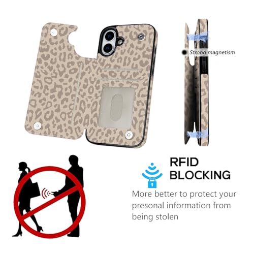 Compatible with iPhone 16 Case Wallet with Card Holder, Flip PU Leather Built-in Card Slots, Kickstand and Shockproof Case for iPhone 16 6.1 inch Women Men (Beige Leopard) - color: Beige Leopard, size: iPhone 16 6.1 inch