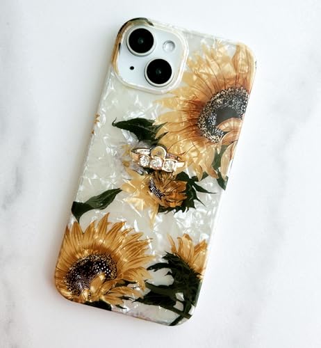 Qokey for iPhone 13/14 Case 6.1 inch,Flower Design Cute Clear for Women Girls with 360 Degree Rotating Ring Kickstand Soft TPU Shockproof Cover Sunflower - color: Sunflower