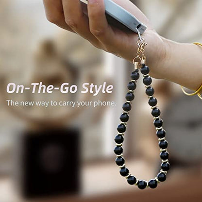 Marble Beaded Phone Wrist Strap for Women, Detachable Design - color: Obsidian-black