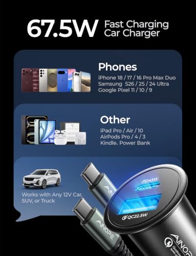 AINOPE 67.5W Car Charger USB C Fast Charge, iPhone 18 pro max Charger - color: Black - 3.3FT