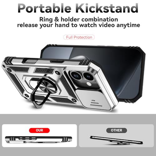 for iPhone 17 Case, with Slide Camera Cover HD Screen Protector [Military Grade 16ft. Drop Tested] Ring Holder Kickstand Protective Phone Case for Apple iPhone 17, Silver - color: Silver w/ Slide Camera 2nd gen. Military Grade