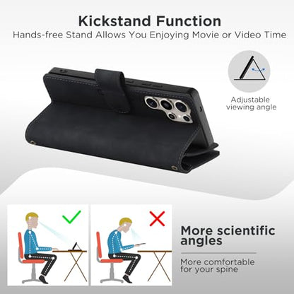 for Samsung Galaxy S24-Ultra-Wallet Case: with RFID Blocking Card Slots (6 Cards) | Soft PU Leather Magnetic Snap Zipper Pocket | Crossbody Wrist Strap Protective Phone Cover - Black - color: Black, size: Galaxy S24 Ultra（6.8‘’）
