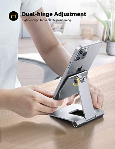 Lamicall Aluminum Metal Adjustable Cell Phone Stand Desk - Heavy Duty Foldable Desktop Phone Holder, for iPhone 17 16 15 14, Plus, Pro, Pro Max, 13 12 Plus, Galaxy S26 25, 4-11'' Sliver - color: Light grey