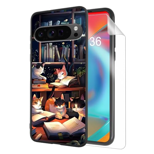 for Google Pixel 9 Pro XL Phone Case TPU Shockproof Full Body Protection Cover 6.8" Cat Bookshelf for Pixel 9 Pro XL Lightweight Compatible Wireless Charging Screen Protector Film - color: Cat Bookshelf