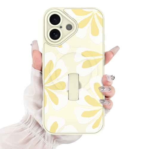 for iPhone 16 Case White Yellow Cute Petals Floral Pattern | [Compatible with Magsafe] with Finger Hand Strap Kickstand Case for Girls Women Shock Scratch Protection Phone case - color: White Yellow / Floral Petal, size: iPhone 16