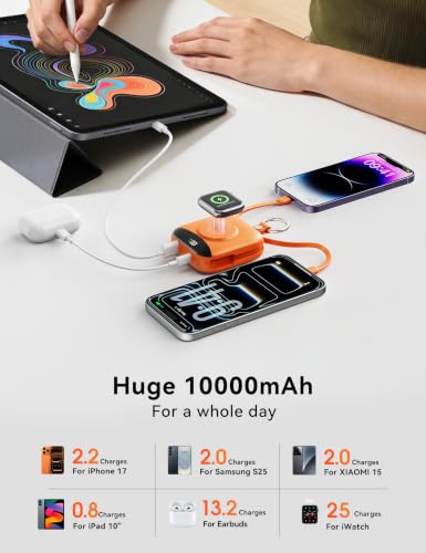 Portable Charger 10000mAh 22.5W Power Bank Built-in 2 Cables Keychain - color: Orange