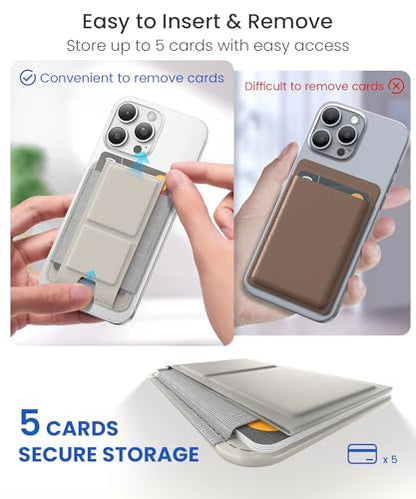 GONEZ for MagSafe Wallet with Stand, Stronger Magnetic Card Holder for iPhone 17/16/15/14/13/12 Series, Premium Leather Phone Wallet with RFID Blocking, 1 Slot, Fit 5 Cards, Stone - color: STONE