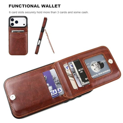 KIHUWEY for iPhone 17 Pro Max Wallet Case Card Holder Kickstand, Brown | Credit Card Slots, PU Leather, Magnetic Clasp, Flip Heavy Duty Protection Cover for Men - color: Brown