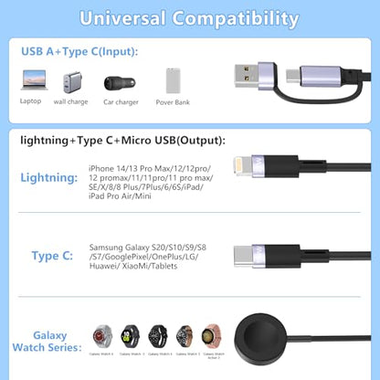 Retractable 100W Samsung Galaxy Watch Charger Fast Charge Cable - Multi 3-in-2 USB C/A to Lightning+USB C for Watch 6/5/4/3/2/Pro/Active, iPhone 15/14/13/12, S24/23/S22