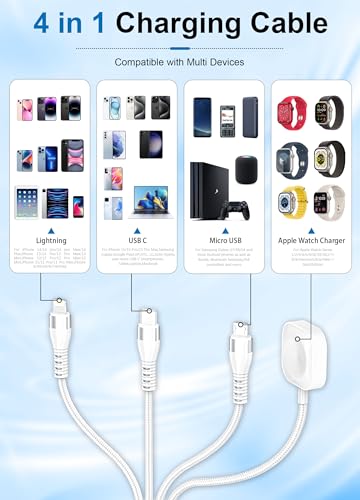Multi Charging Cable for Apple Watch - 100W 10ft 4-in-1 Fast Charger with Lightning, USB C, Micro USB & Apple Watch Charger for iWatch, iPhone, MacBook Pro - White
