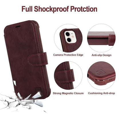 VANAVAGY Wallet Case for iPhone 11 6.1 inch, Burgundy | 12ft Drop-proof Cover for Women Men, Silm PU Leather, RFID Blocking Card Holder, Wrist Strap, Screen Protector - color: Burgundy