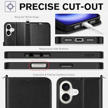TUCCH Wallet Case with Wrist Strap for iPhone 16 (6.1") 2024, Black | 4 Card Holders, RFID Blocking, Viewing Stand, Shockproof TPU Shell, PU Leather, Magnetic Closure, Folio Flip Cover - color: Strap - Black