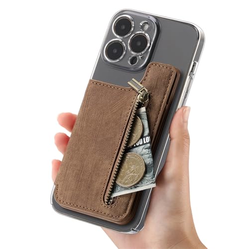 Wallet Stick on Phone Case, Credit Card Holder for Back of Phone Cases Retro Flip Leather Zipper Sleeve Pouch Compatible with iPhone, Samsung Galaxy Android Most Smartphones Brown - color: Brown