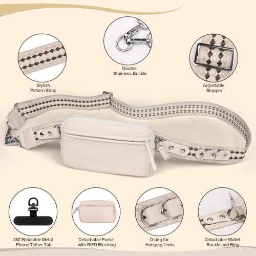 YFWE Clip and Go Phone Strap with Crossbody Wallet, Adjustable Phone Lanyard with Detachable RFID Wristlet Wallet, Anti-Theft Leather Purse with ID Window for Travel Essentials (Cream) - color: Cream Beige