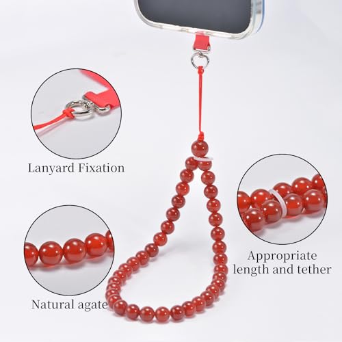 Agate Beaded Phone Wrist Strap for Women Men Stone Beads Charm Handmade Cellphone Chain Lanyard with Tether Tab - color: Red-2, size: 8mm Beads
