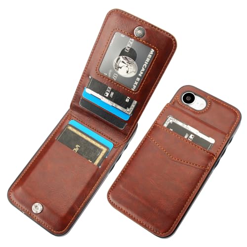 KIHUWEY for iPhone 17e/16e Wallet Case Card Holder Kickstand, Brown | Credit Card Slots, PU Leather, Magnetic Clasp, Flip Heavy Duty Protection Cover for Men and Women - color: Brown