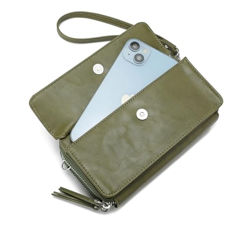 RFID Crossbody Wallet Wristlet Purse with Phone Pocket For Women Vegan Leather - color: B-olive Green