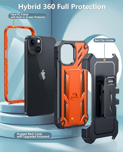 FNTCASE for iPhone 15 Case with Belt Clip and Built-in Screen Protector | Rugged Kickstand, 20FT Military-Grade Drop Protection, Full Body Heavy Duty Shockproof Holster, Hard Protective Cover - color: Orange