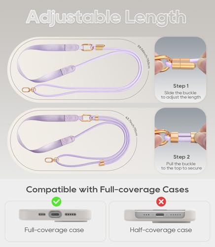 Phone Lanyard Crossbody with Phone Tabs, Adjustable Cellphone Lanyard with Skin-Friendly Neckband and Metal Carabiner - color: Light Purple