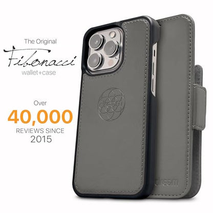 Dreem Vegan Leather Magnetic Detachable Wallet Case for iPhone 13 Grey | Built-in Phone Stand, RFID Blocking Card Holder Flip Cover, MagSafe Compatible, Gift Box [Fibonacci: Grey] - color: Grey, size: iPhone 13