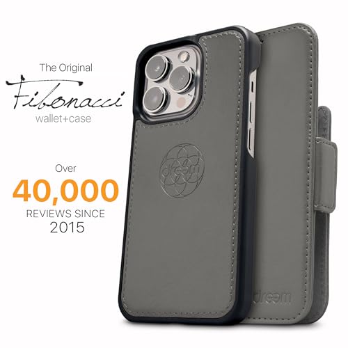 Dreem Vegan Leather Magnetic Detachable Wallet Case for iPhone 13 Grey | Built-in Phone Stand, RFID Blocking Card Holder Flip Cover, MagSafe Compatible, Gift Box [Fibonacci: Grey] - color: Grey, size: iPhone 13