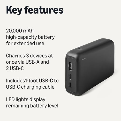 Amazon Basics High-Capacity Portable Charger Power Bank with 3-Port Output, 20,000 mAh, Black - style: 20000 mAh
