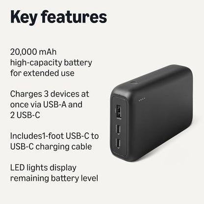 Amazon Basics High-Capacity Portable Charger Power Bank with 3-Port Output, 20,000 mAh, Black - style: 20000 mAh