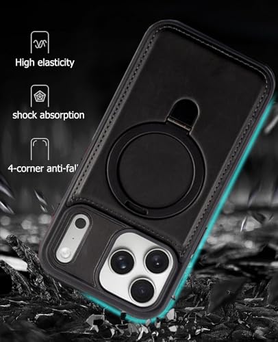 for iPhone 17 Pro Max Leather Case with Magnetic Ring Holder,[Compatible with Wireless Charging] Luxury Slim Shockproof Non-Slip Protective Kickstand Cover for iPhone 17 Pro Max (Black) - color: Black