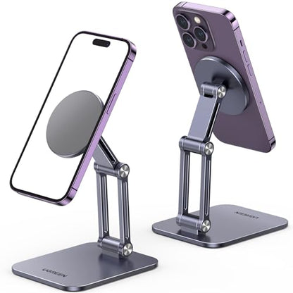 UGREEN Magnetic Phone Stand Compatible with MagSafe Holder for Desk Ergonomic Design Adjustable, Aluminum Cell Phone Stand Compatible for iPhone 17 Air 16 15 14 13 12 Pro Max and MagSafe Case, Grey - color: Grey