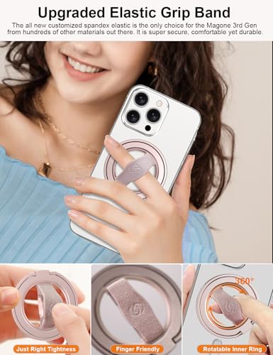 EWA MagOne 3rd Gen [Compatible with MagSafe] Phone Grip Stand with Finger Strap, Removable Magnetic Ring Holder Kickstand Loop for iPhone 17,16,15,14,13,12 Series (Pink) - color: Pink